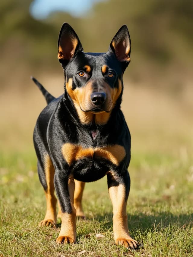 An Australian Cattle dog with black and tan fur and pointed ears stands on grass, looking forward. The background is blurred, highlighting the dog.