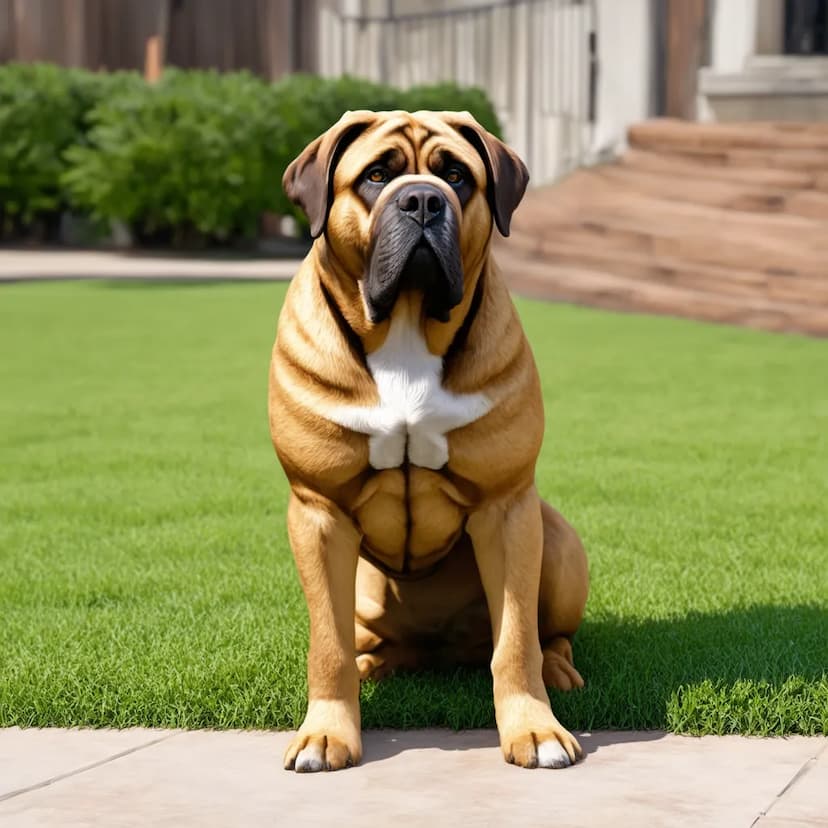 A large brown Spanish Mastiff with a white chest sits on a patio in front of a lawn and a wooden staircase.