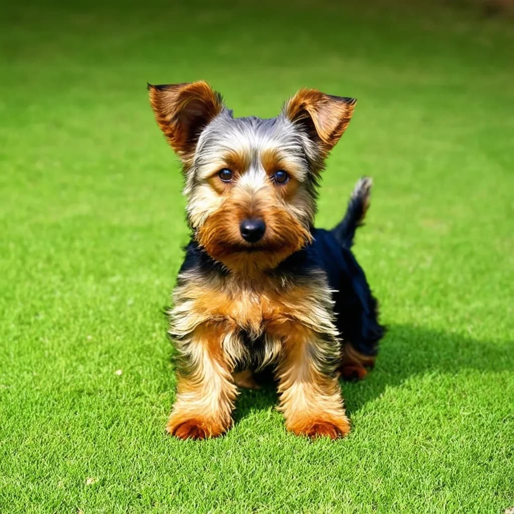 An Australian Terrier with brown and black fur stands on green grass, looking directly at the camera.