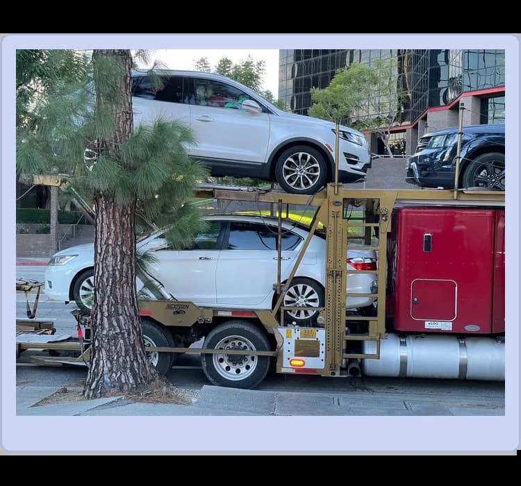 A car carrier truck transporting multiple vehicles is parked by the roadside near trees and office buildings.