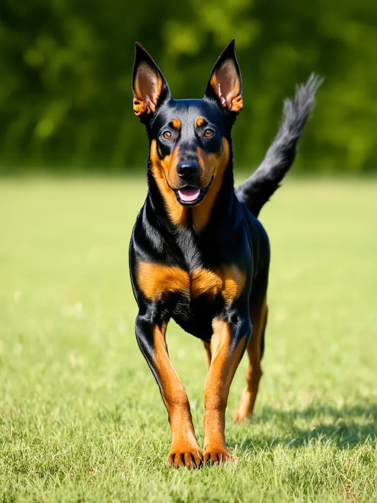 A black and brown Australian Kelpie with large ears stands on a grassy field, with a background of green trees, looking towards the camera.