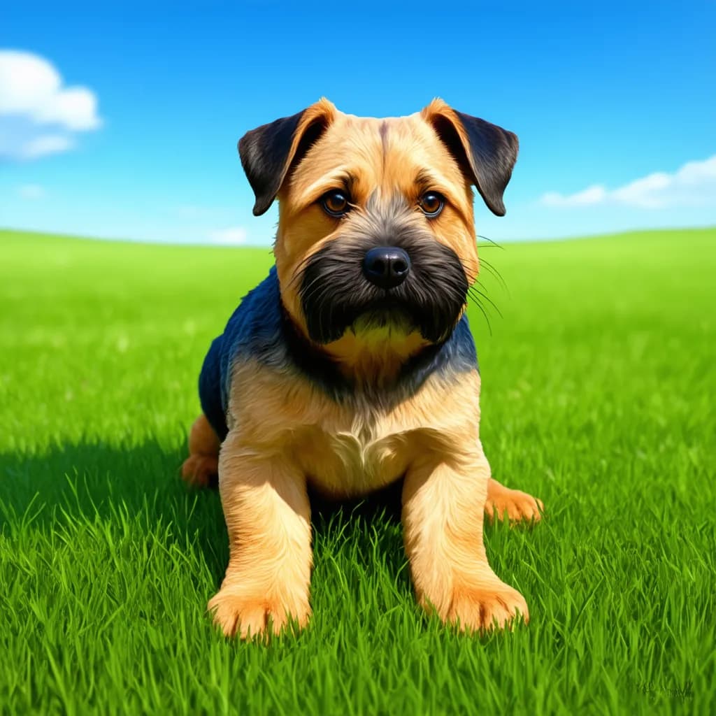 A small brown and black Border Terrier with short fur sits attentively on a green grass field under a clear blue sky.