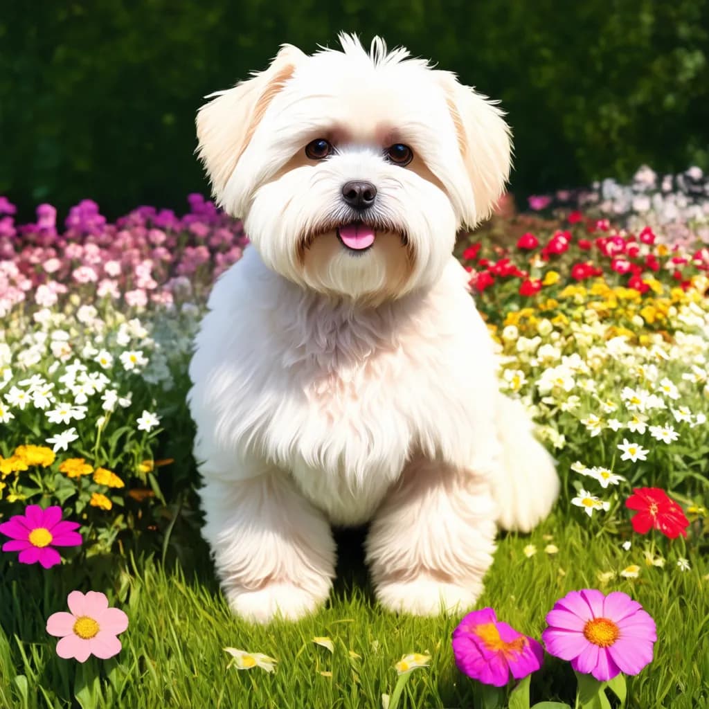 A small, fluffy Coton De Tulear sits among colorful flowers in a garden with a green background. The dog is looking at the camera with its tongue sticking out slightly.