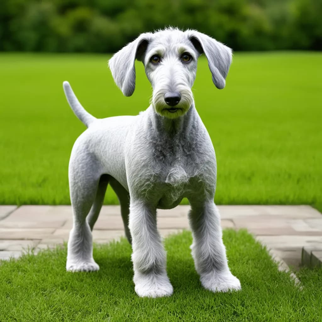 A gray Bedlington Terrier with a short, trimmed coat and long ears stands on a green lawn, with a paved path in the background.