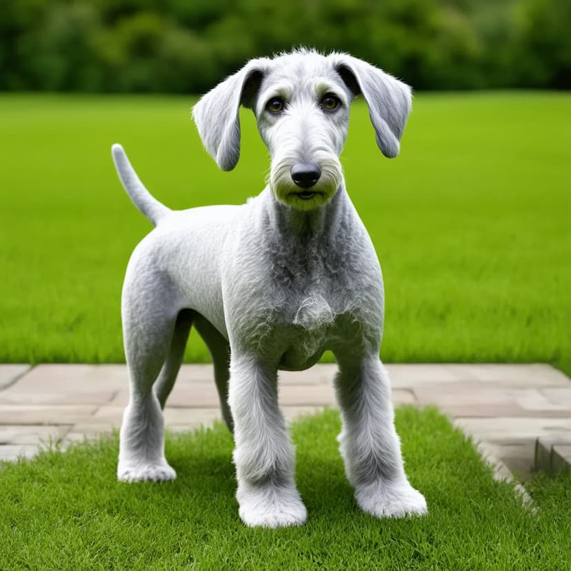 A gray Bedlington Terrier with a short, trimmed coat and long ears stands on a green lawn, with a paved path in the background.