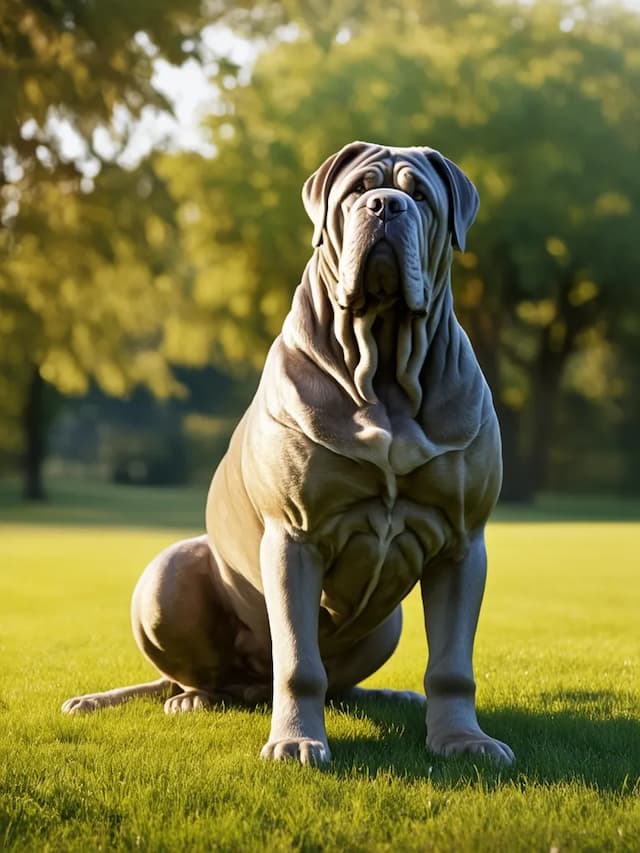 A large Neapolitan Mastiff sits on a grassy field with trees in the background on a sunny day.