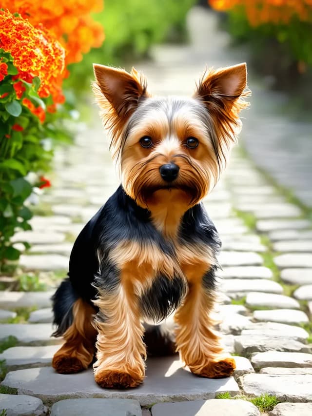 A Yorkshire Terrier sits on a stone pathway surrounded by vibrant orange flowers, its silky fur gently brushed by the breeze.