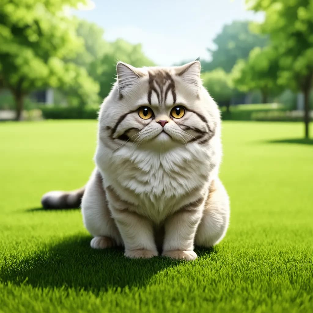 A fluffy Selkirk Rex with gray and white fur sits on a green lawn in a park, with trees and a bright, clear sky in the background.