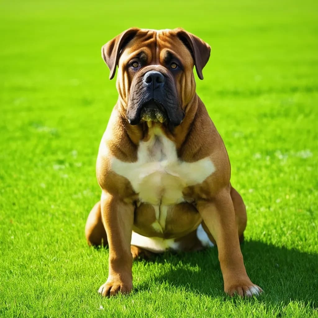 A brown and white bulldog sits on bright green grass, facing the camera, while a Boerboel dog playfully frolics in the background.