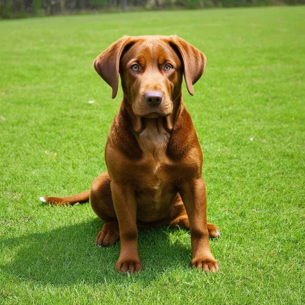 A Chesapeake Bay Retriever with a shiny brown coat is sitting attentively on a green lawn, looking directly at the camera. The background shows a blurred view of trees and bushes.