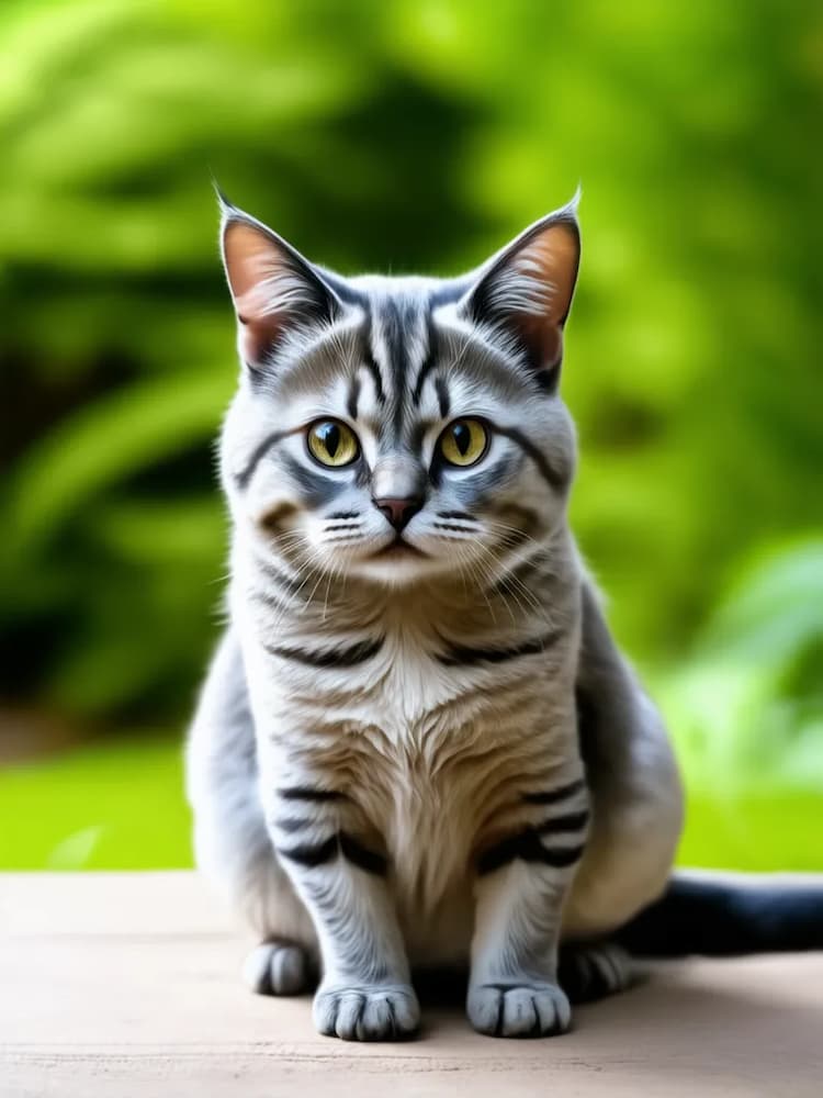 A European Shorthair with black stripes and wide yellow eyes sits attentively on a wooden surface against a vibrant green background.