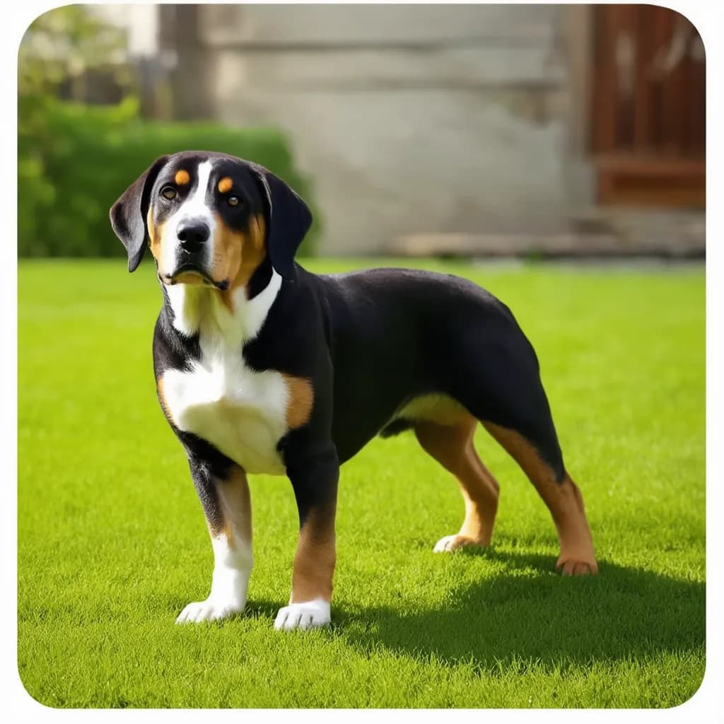 A tricolor Greater Swiss Mountain dog with black, white, and tan fur stands proudly on the green grass in a backyard setting.