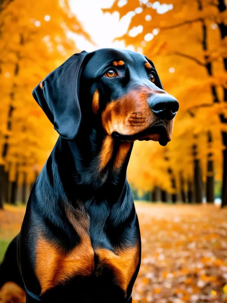 A Black and Tan Coonhound stands in a tree-lined path covered with fallen leaves, with vibrant yellow foliage in the background.