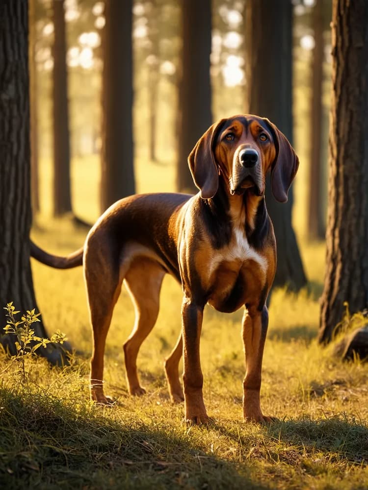 A brown and black Bloodhound stands alert in a sunlit forest, surrounded by tall trees.