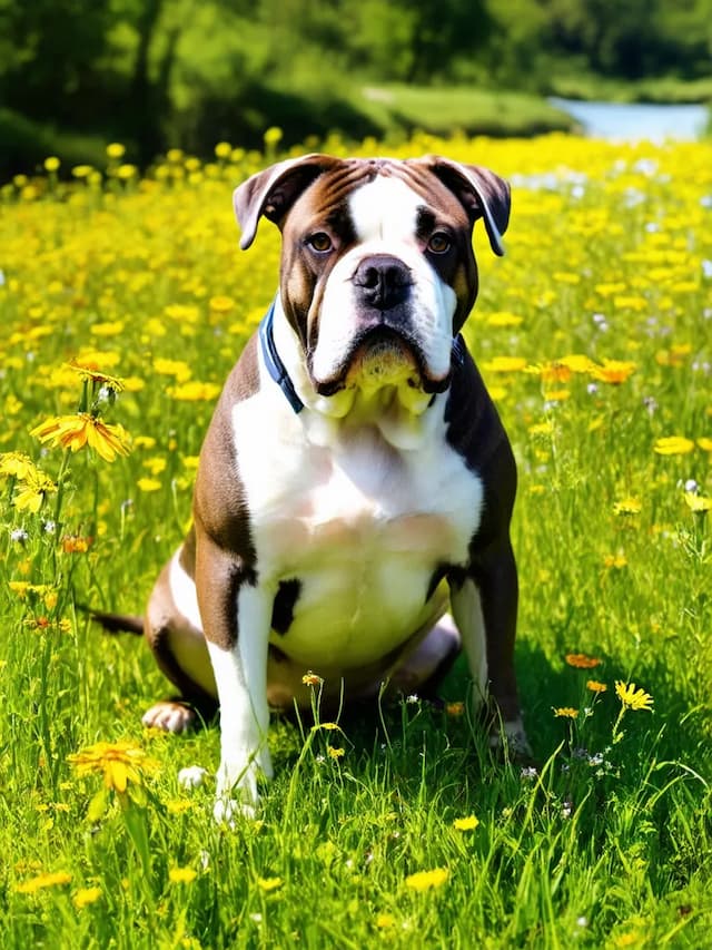 An American Bulldog with a white and brindle coat sits in a field of yellow wildflowers on a sunny day, with a river and green foliage in the background.