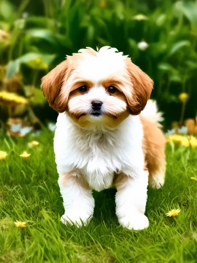 A small brown and white Cavachon with fluffy fur stands on green grass surrounded by small yellow flowers.