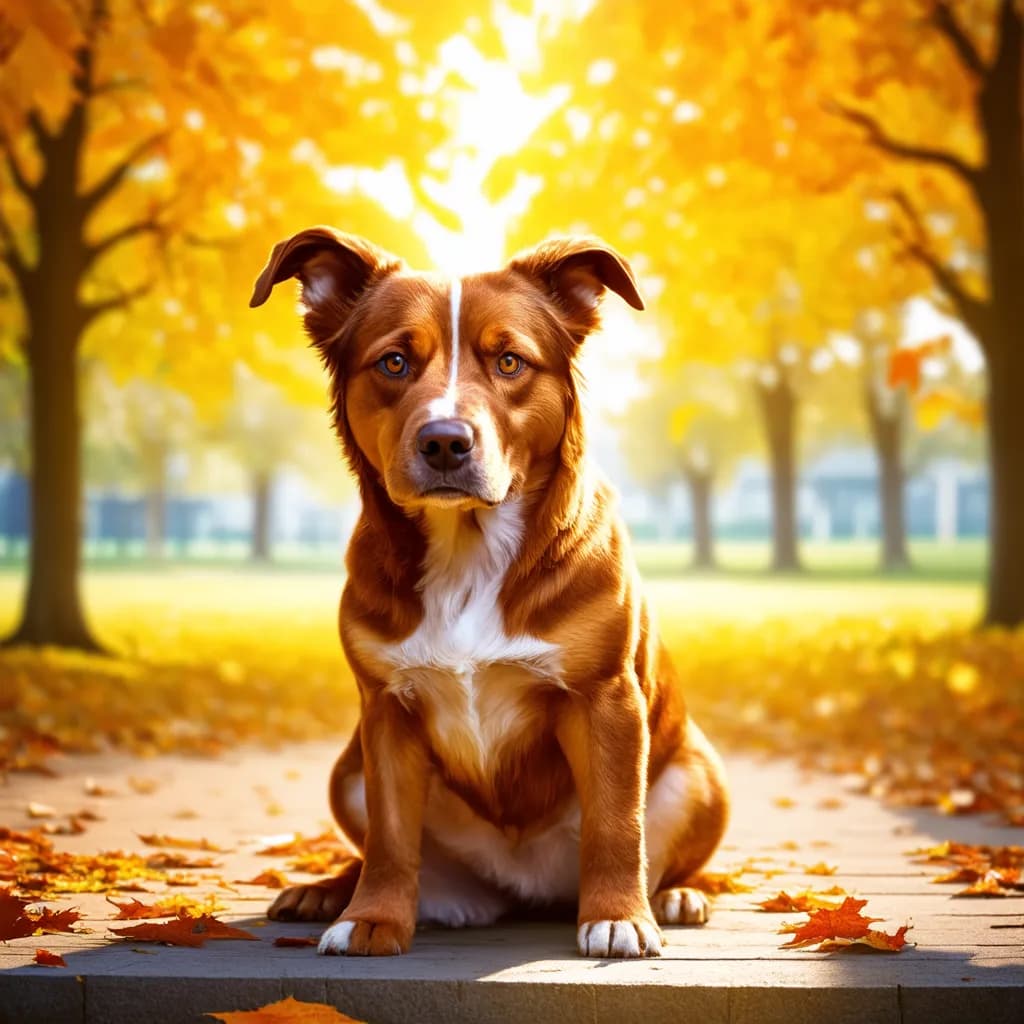 A brown and white mixed breed dog sits on a paved path surrounded by vibrant autumn leaves, with trees in the background.