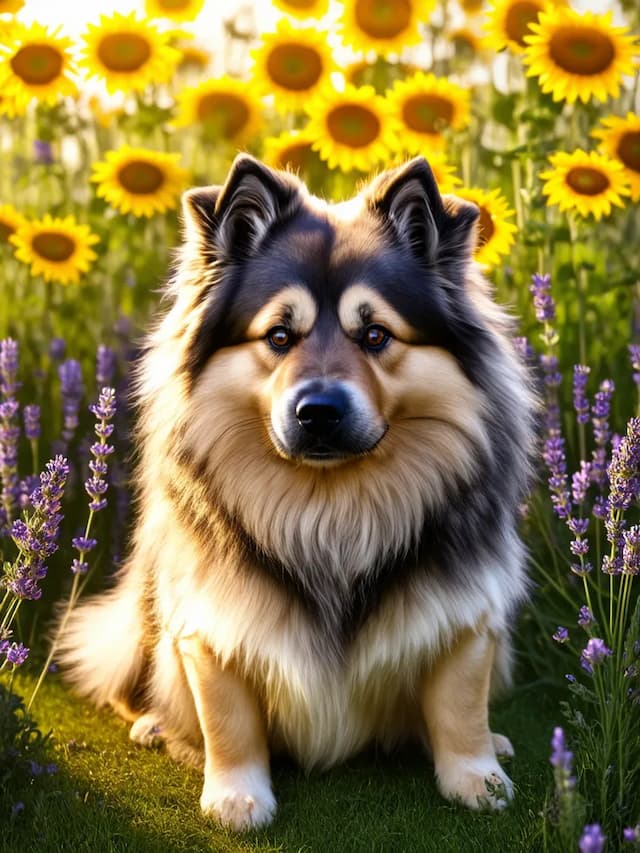 A fluffy Keeshond with a thick fur coat sits in a field of sunflowers and lavender, looking directly at the camera.