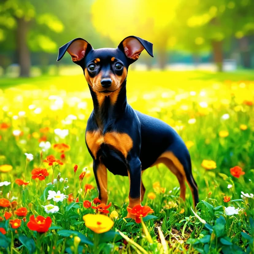 A small black and brown Miniature Pinscher stands alert in a vibrant field of flowers with sunlight filtering through trees in the background.