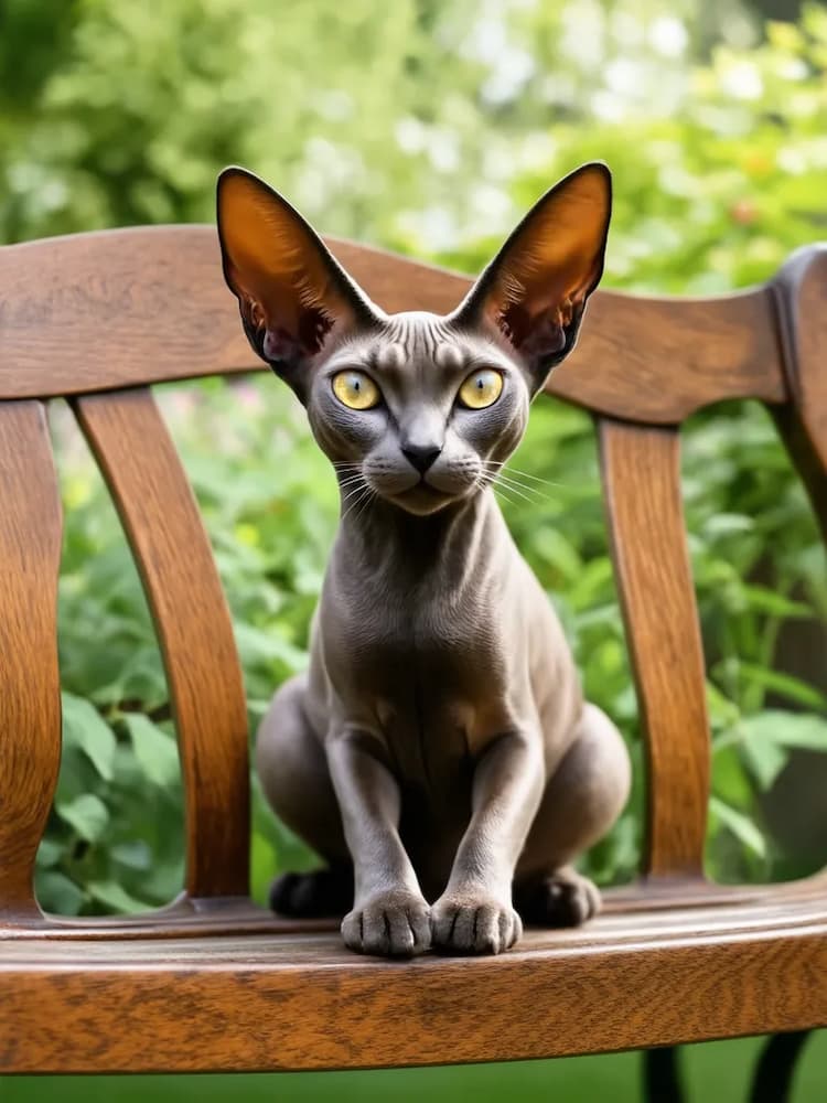 An Oriental Shorthair with large ears and yellow eyes sits on a wooden bench in a garden setting.