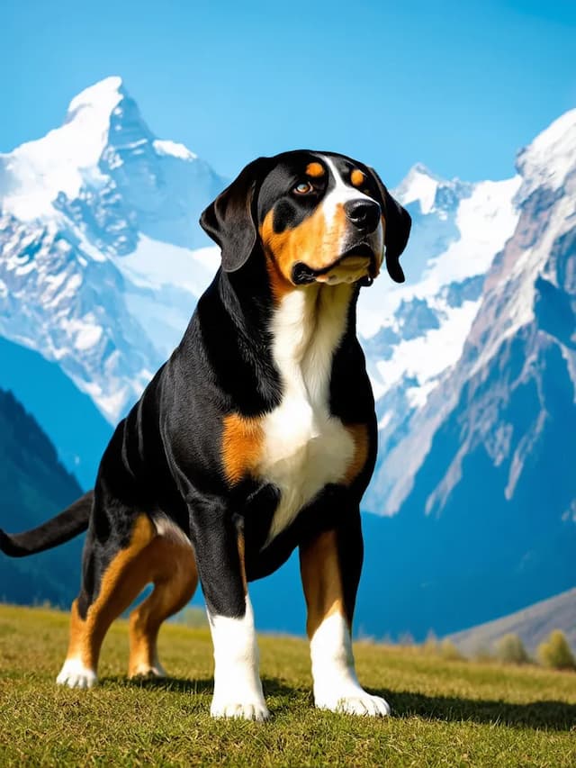 A tricolor Greater Swiss Mountain Dog stands on grassy terrain with snow-capped mountains in the background.