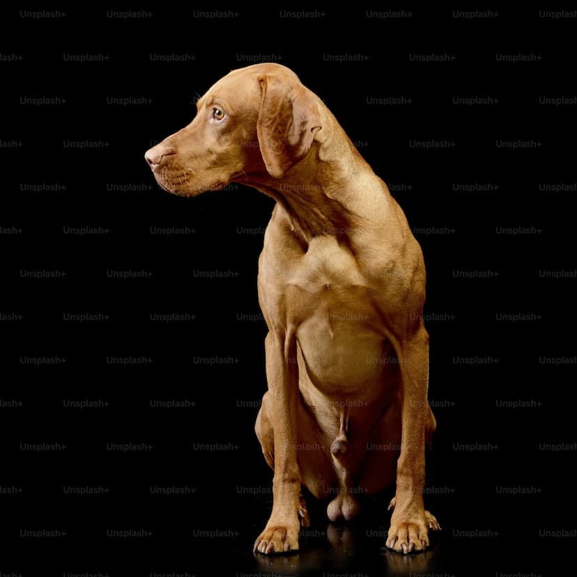 A medium-sized brown Redbone Coonhound with floppy ears sits against a black background, looking attentively to the left.