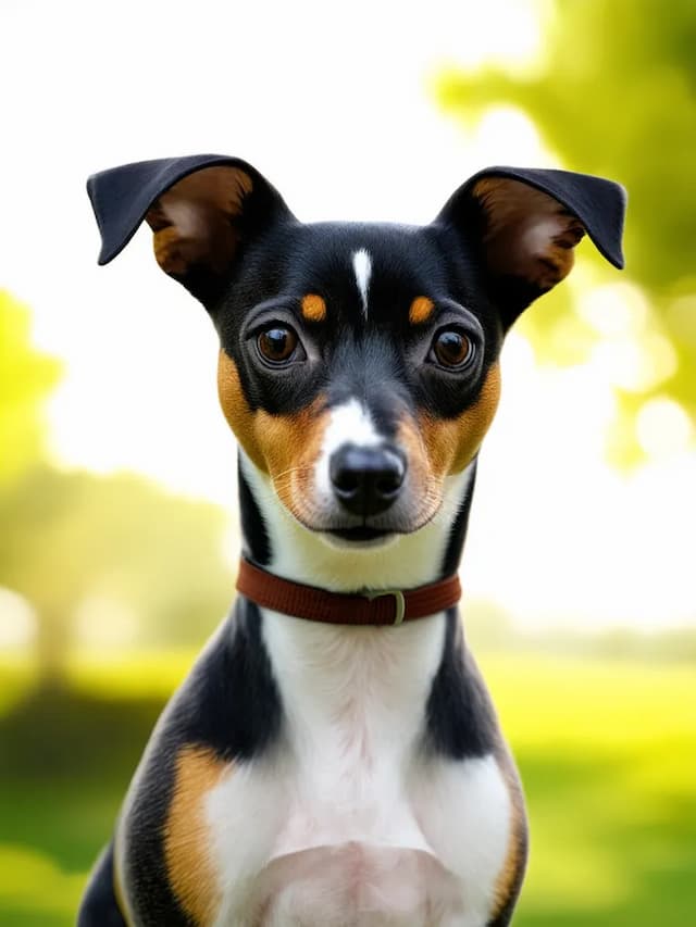 A small Toy Fox Terrier with black, brown, and white fur, wearing a red collar, looks directly at the camera. The background is blurred with green foliage and sunlight.