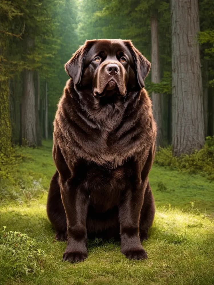 A large, fluffy Newfoundland sits on a grassy forest floor with tall trees in the background.