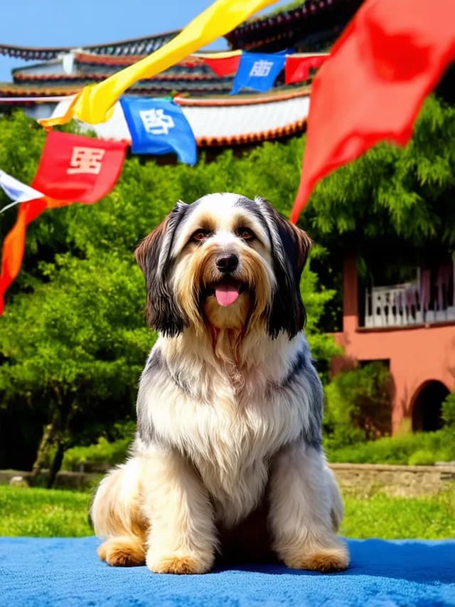 A fluffy Tibetan Terrier sits on a blue surface with colorful flags and traditional architecture in the background.