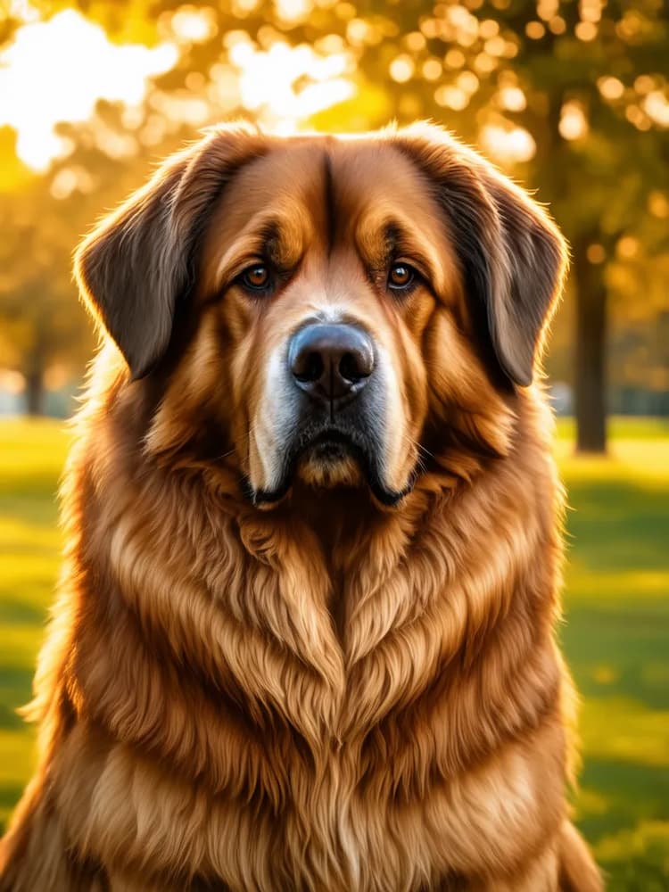 A large, fluffy Leonberger with a serious expression sits outdoors in a park during a golden sunset.