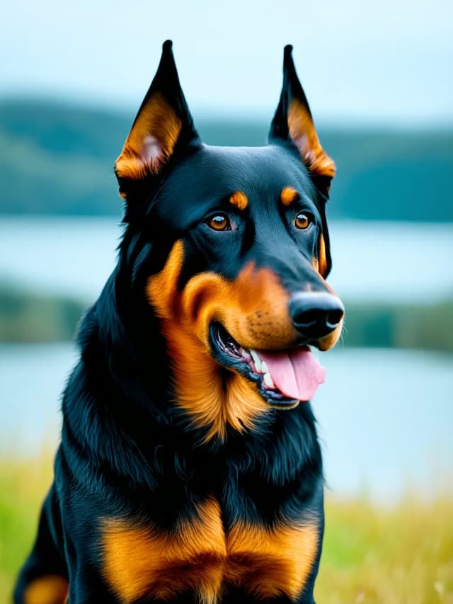 A black and brown Beauceron with pointed ears sits outdoors, with blurred greenery and a body of water in the background.