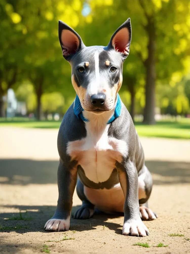 A gray and white Miniature Bull Terrier with a blue collar sits on a path in a park under trees with green leaves.