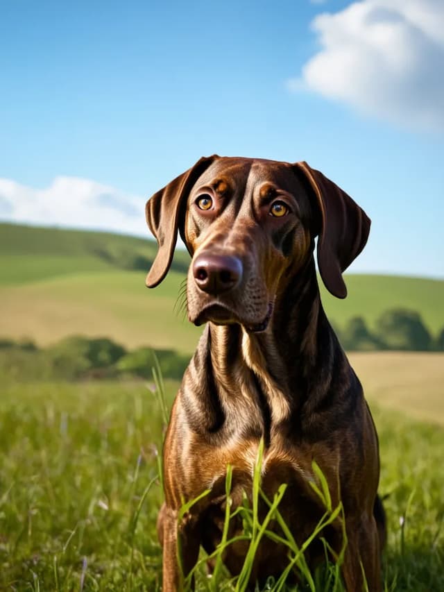 A Plott Hound with a shiny brown coat sits alert in a grassy field with rolling hills and a blue sky in the background.