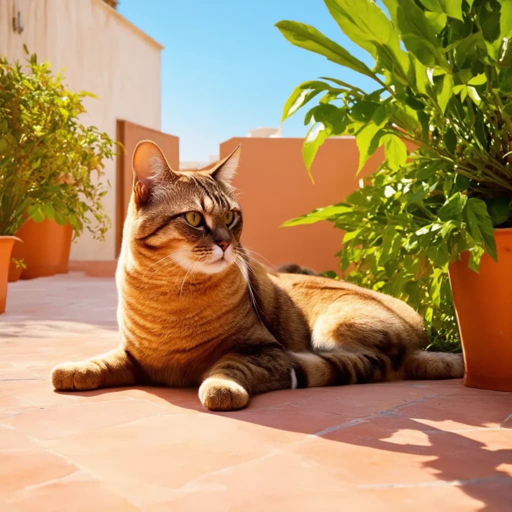 An Aegean tabby cat lounges on a sunlit patio surrounded by potted plants.