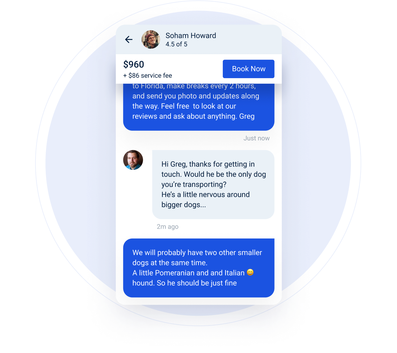 Messaging interface showing a conversation about pet transport arrangements, including pricing and details about a dog's preferences around other dogs.