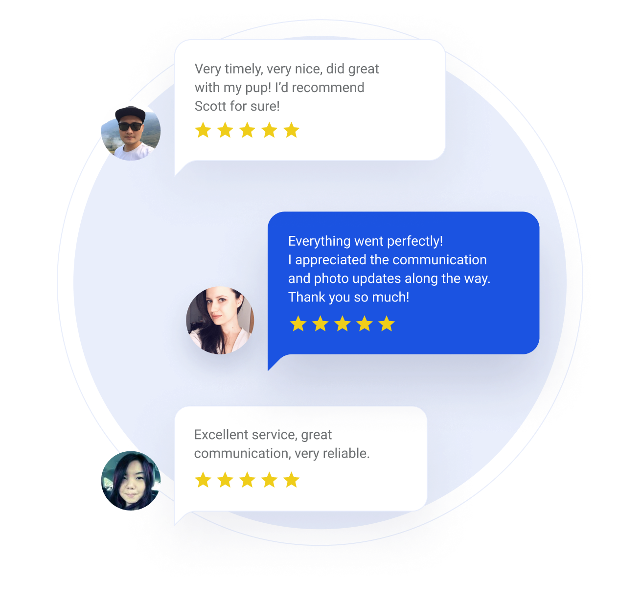 Three user testimonials presented as chat bubbles with star ratings, highlighting positive service experiences.