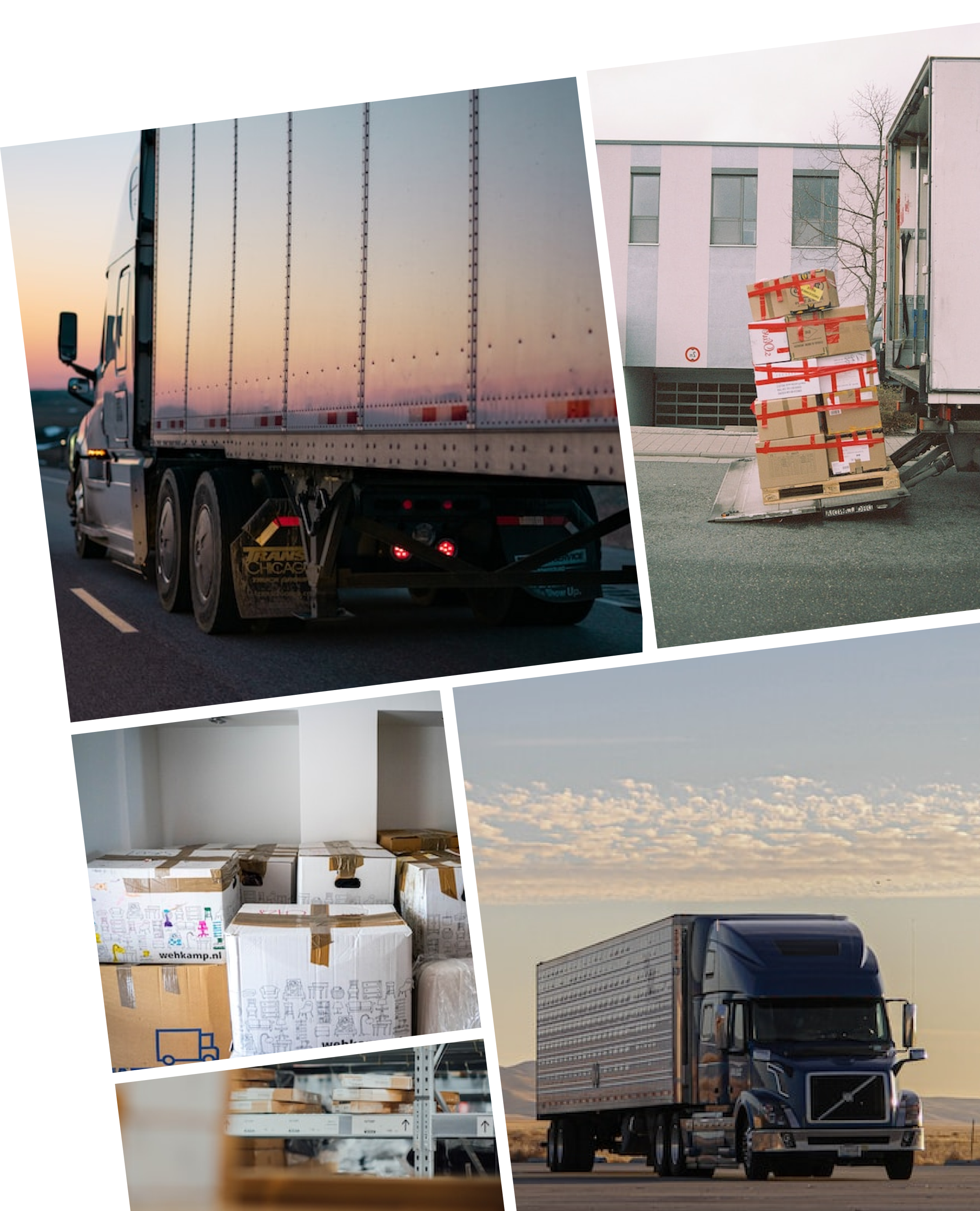 Collage of logistics and freight transportation scenes involving trucks and packages.