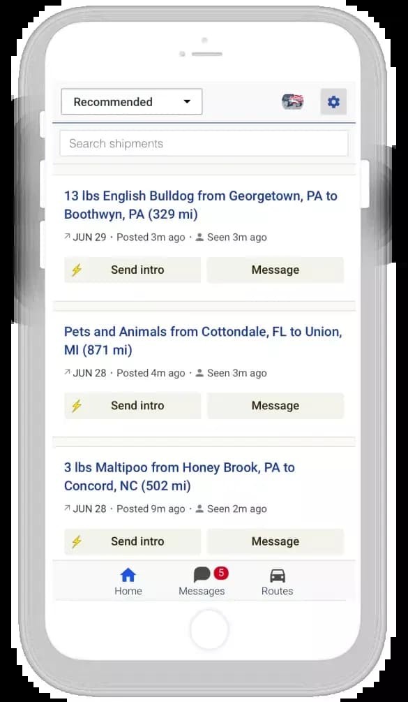CitizenShipper mobile app interface displaying a list of pet transport listings with details on pickup and drop-off locations.
