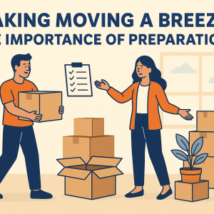 Illustration of a man and woman packing boxes in a room with a checklist, highlighting the importance of moving preparation for a smooth and organized move.
