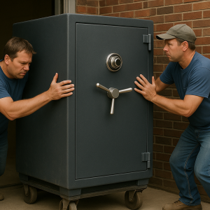 Two men in blue shirts and jeans demonstrate how to move a large safe on wheels through a doorway beside a brick wall.