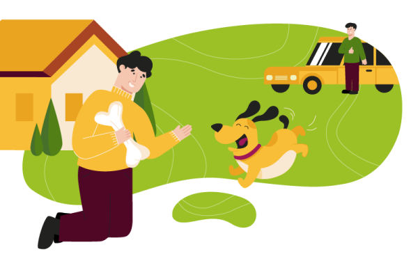 A man is playing with a dog in front of a house while transporting his pet.
