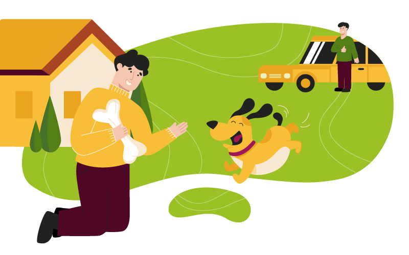 A man is playing with a dog in front of a house while transporting his pet.