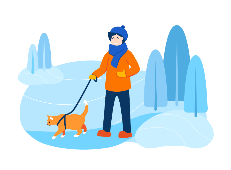 A man walking his cat in the winter weather.