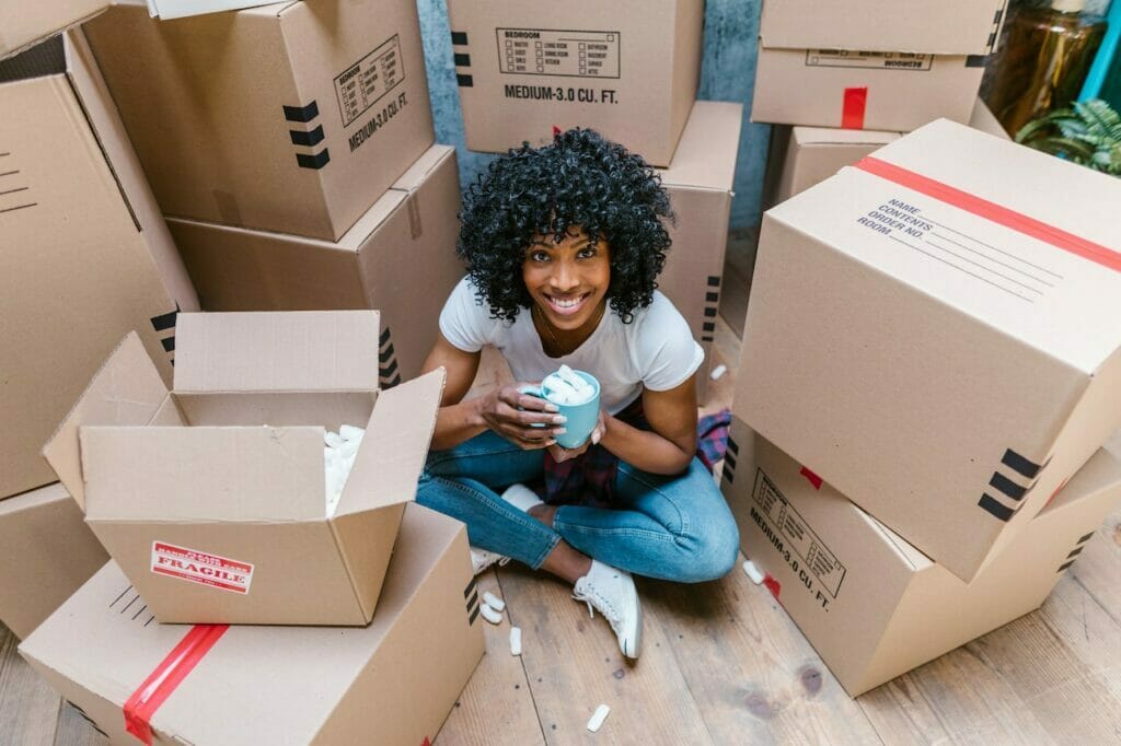 Moving boxes, woman.