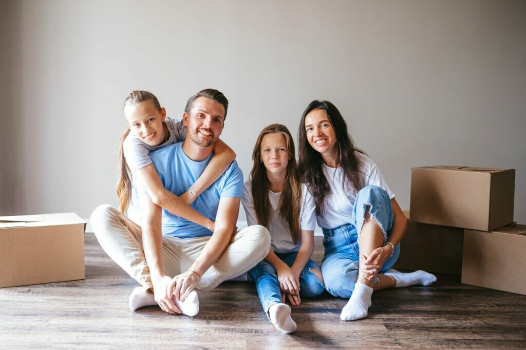 Family, moving boxes.