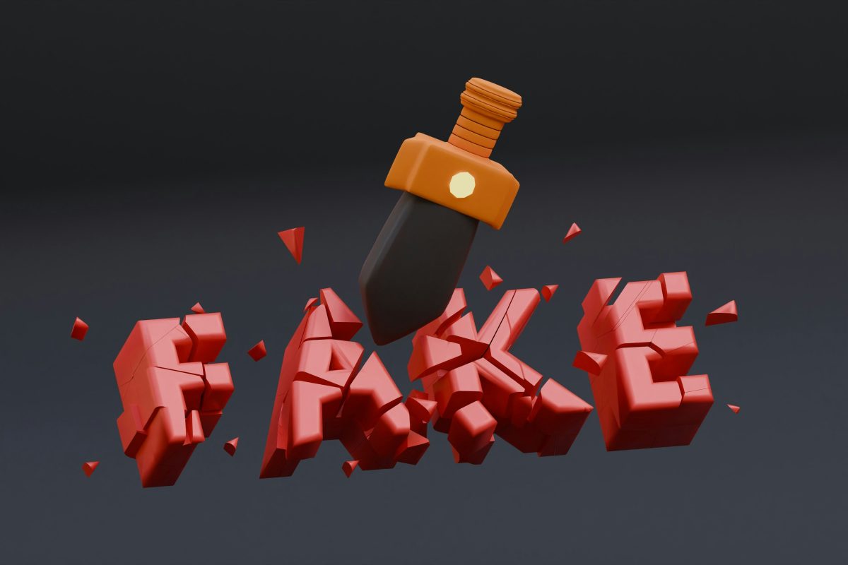 A 3D-rendered knife pierces and shatters red block letters spelling "FAKE" against a dark background, symbolizing the fight against pet scams.