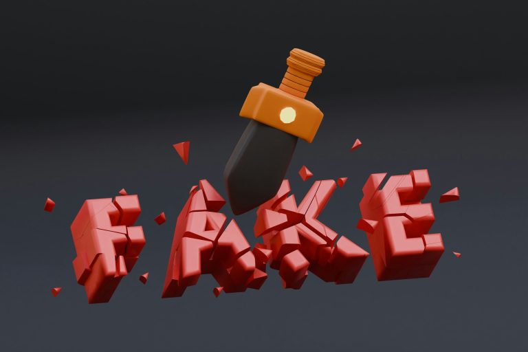 A 3D-rendered knife pierces and shatters red block letters spelling "FAKE" against a dark background, symbolizing the fight against pet scams.