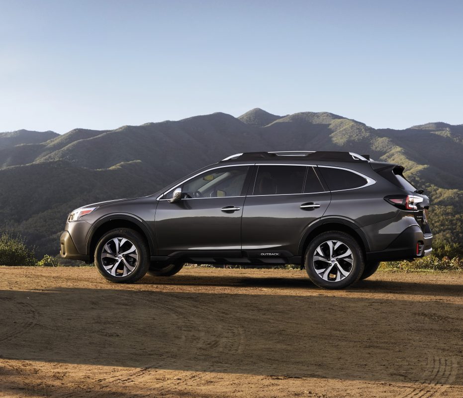 The 2019 Subaru Outback, an ideal car for transporting dogs, is parked on a dirt road.