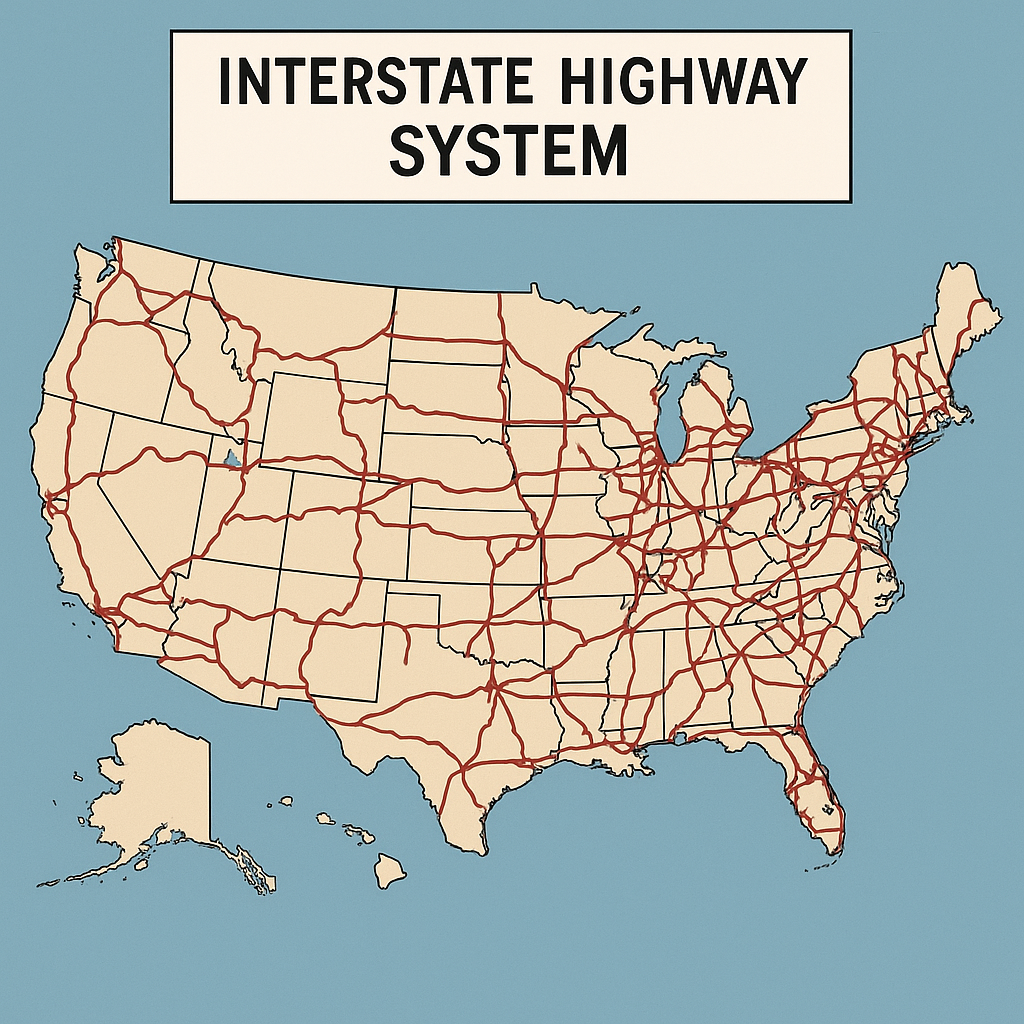 A map of the United States displays the Interstate Highway System, with major highways marked in red lines across the country—perfect for planning a road trip to pick up a new friend found on puppies.com for sale.
