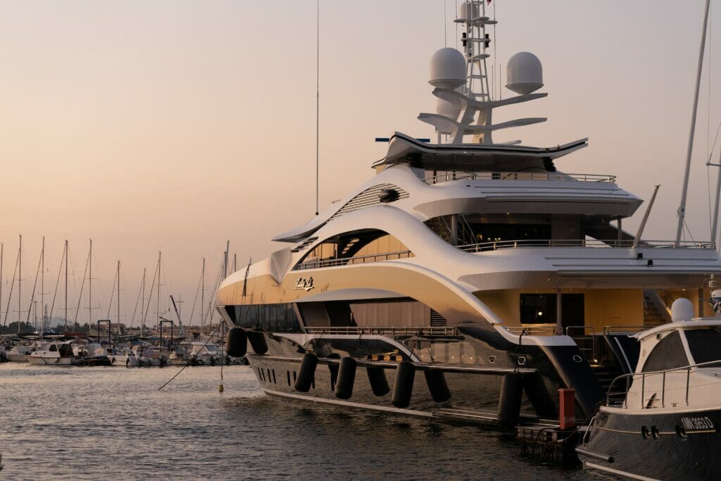 A yacht docked in the water.